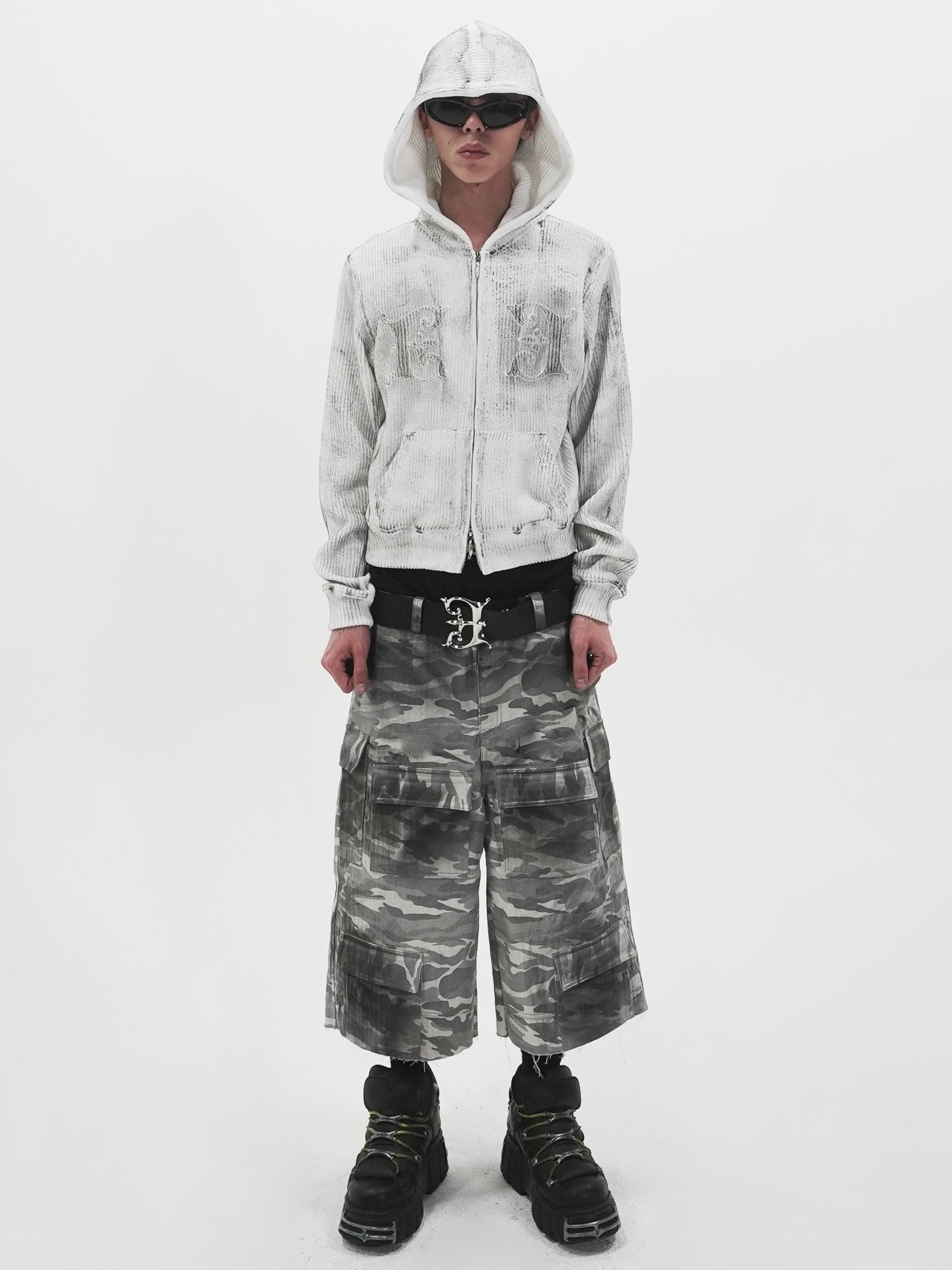 【E RIN AI E】GEMINI ASH KNIT HOODIE ZIP UP