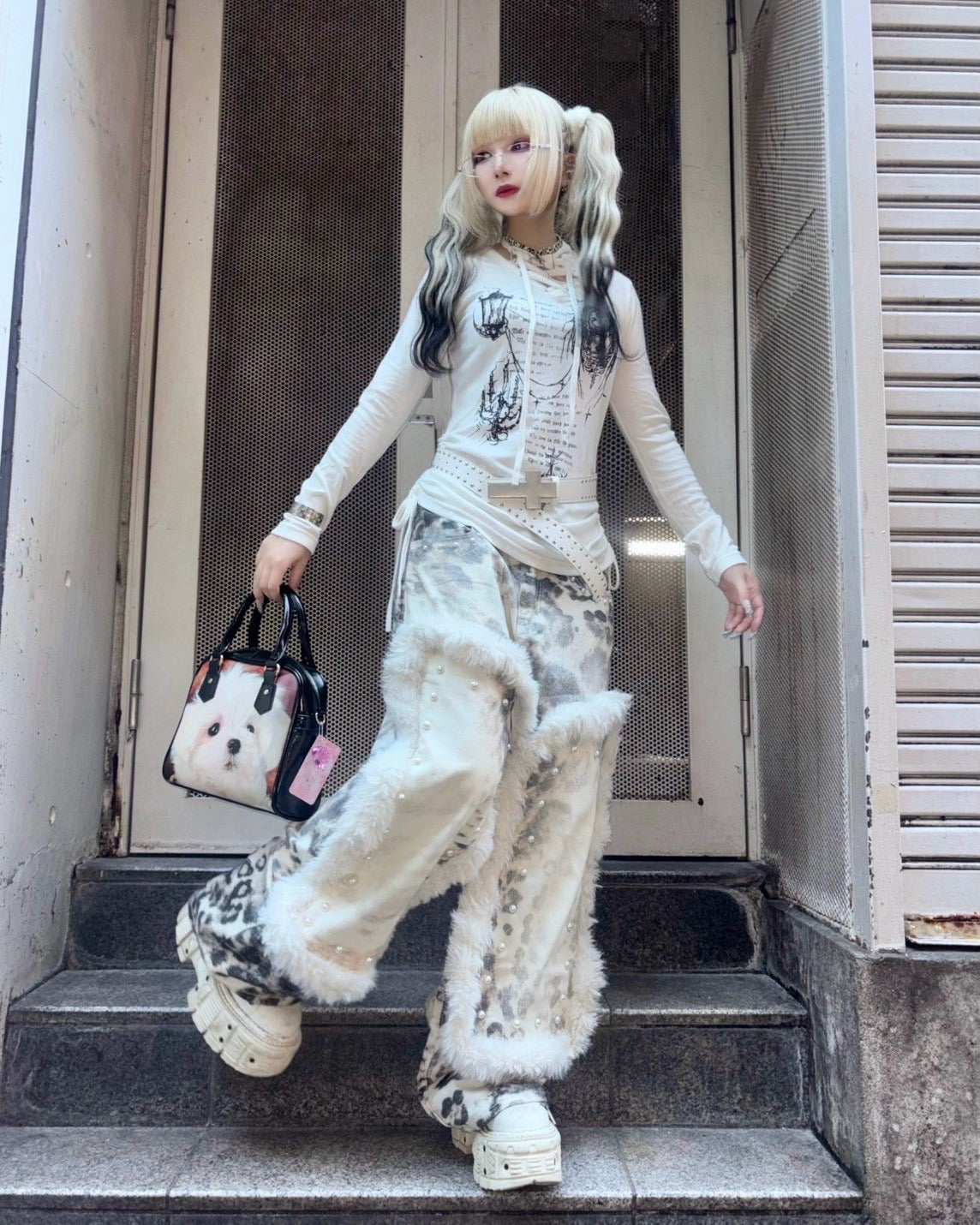 国際配送【BABY09】leopard fur patchwork pants