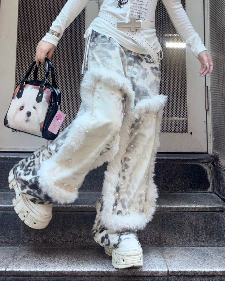 国際配送【BABY09】leopard fur patchwork pants