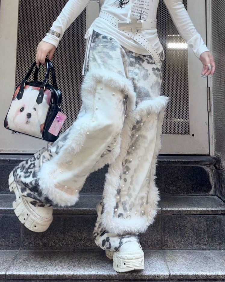 国際配送【BABY09】leopard fur patchwork pants
