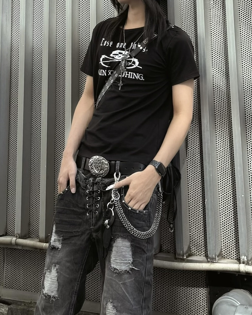 国際配送【Never mind the XU】Double waist  laceup flare denim pants