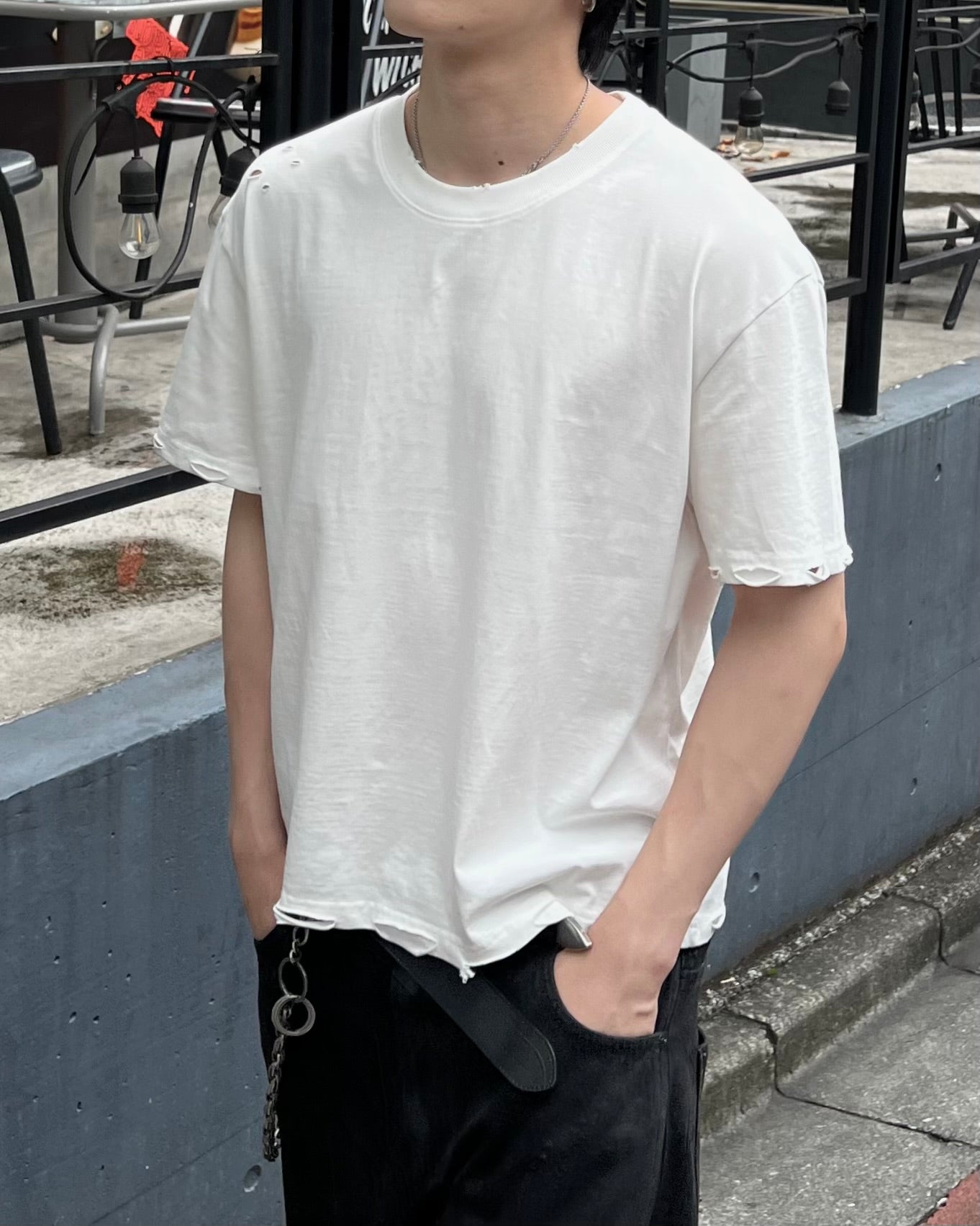 大阪店WEB限定受注制【Chikashitsu +】grunge damage crop t-shirt (3color)