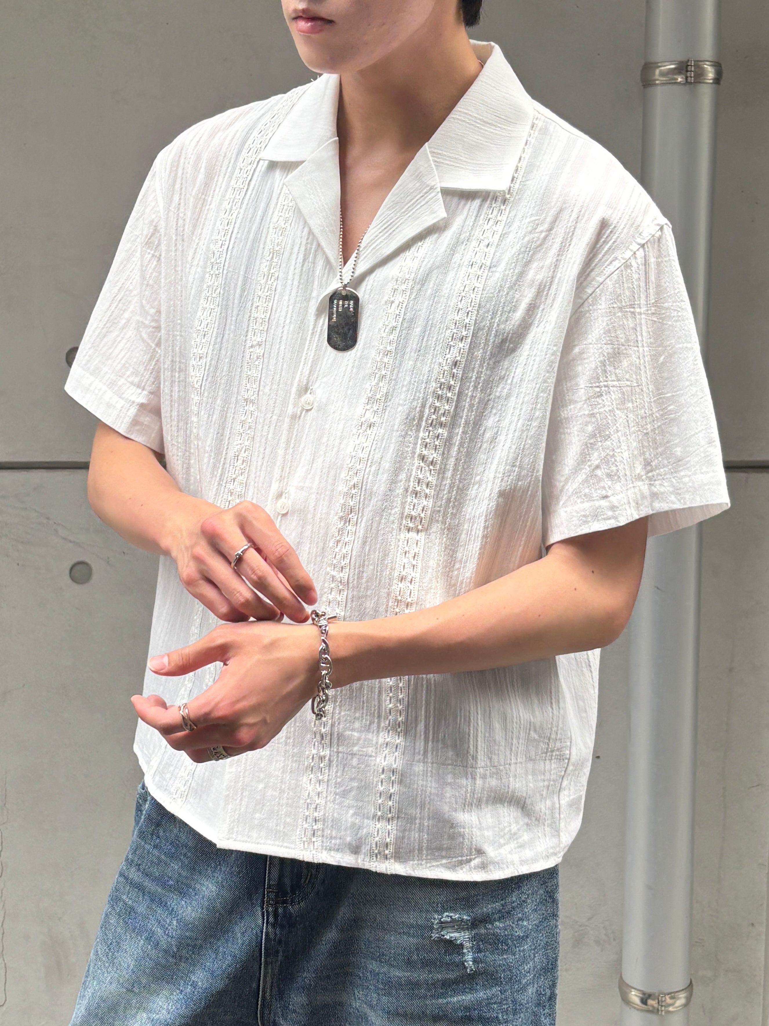 大阪店WEB限定受注制【Chikashitsu +】perforated open collar shirt (2color)