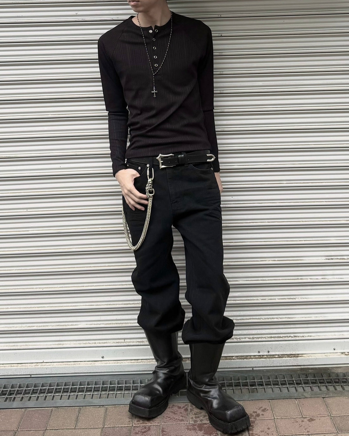 受注制【nmtc+】Snap henley neck ribbed slim top (4color)
