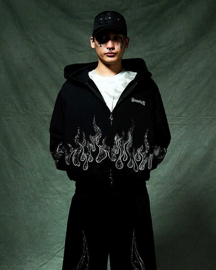 【SUPPLIER】Fire Pattern Rhinestone Zip Hoodie