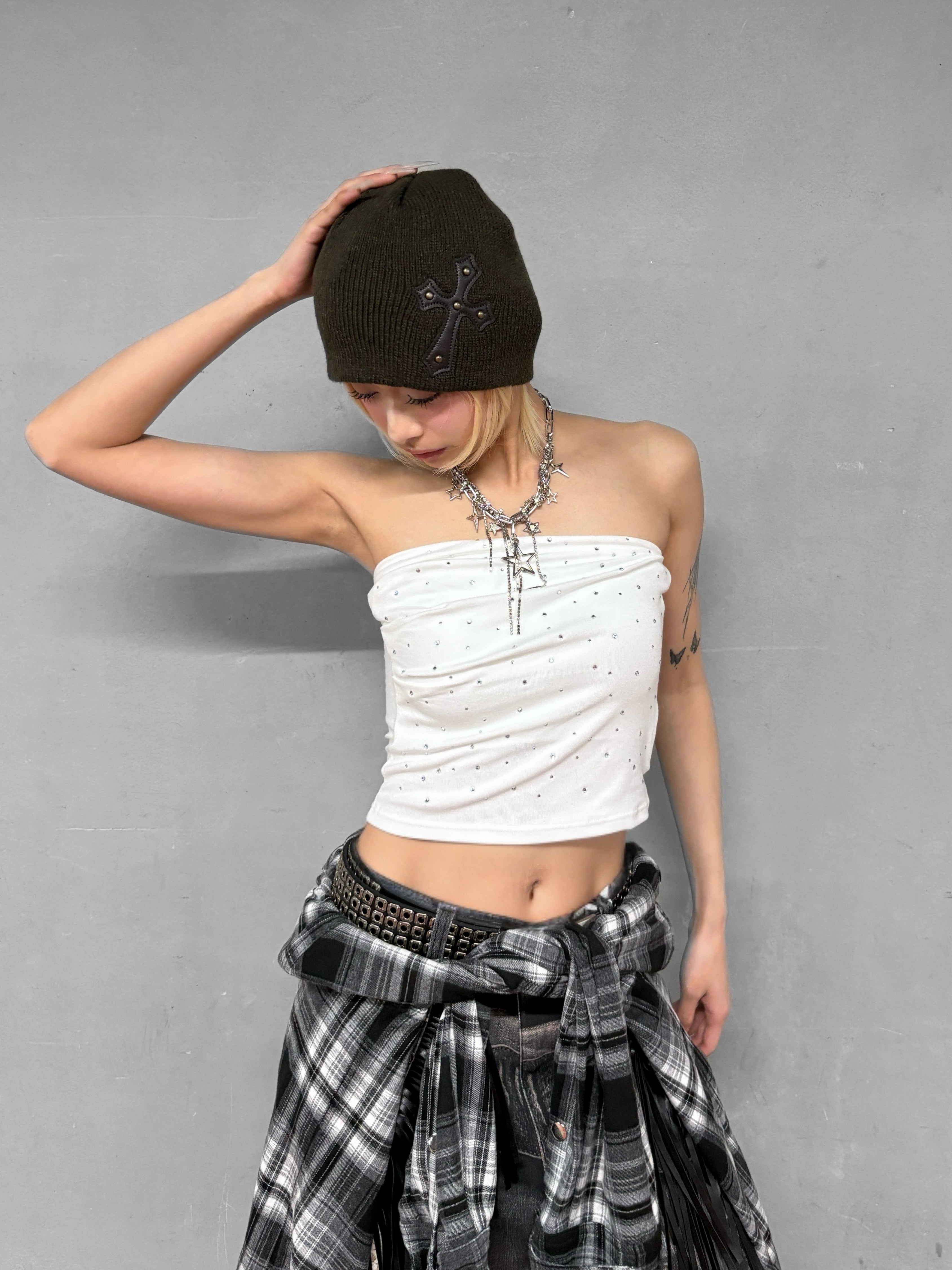 国際配送【Never mind the XU】rhinestone tubetops