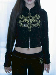 【SelfishGhost】Embroidered knitted silver fox fur-like plush tracksuit zip-up
