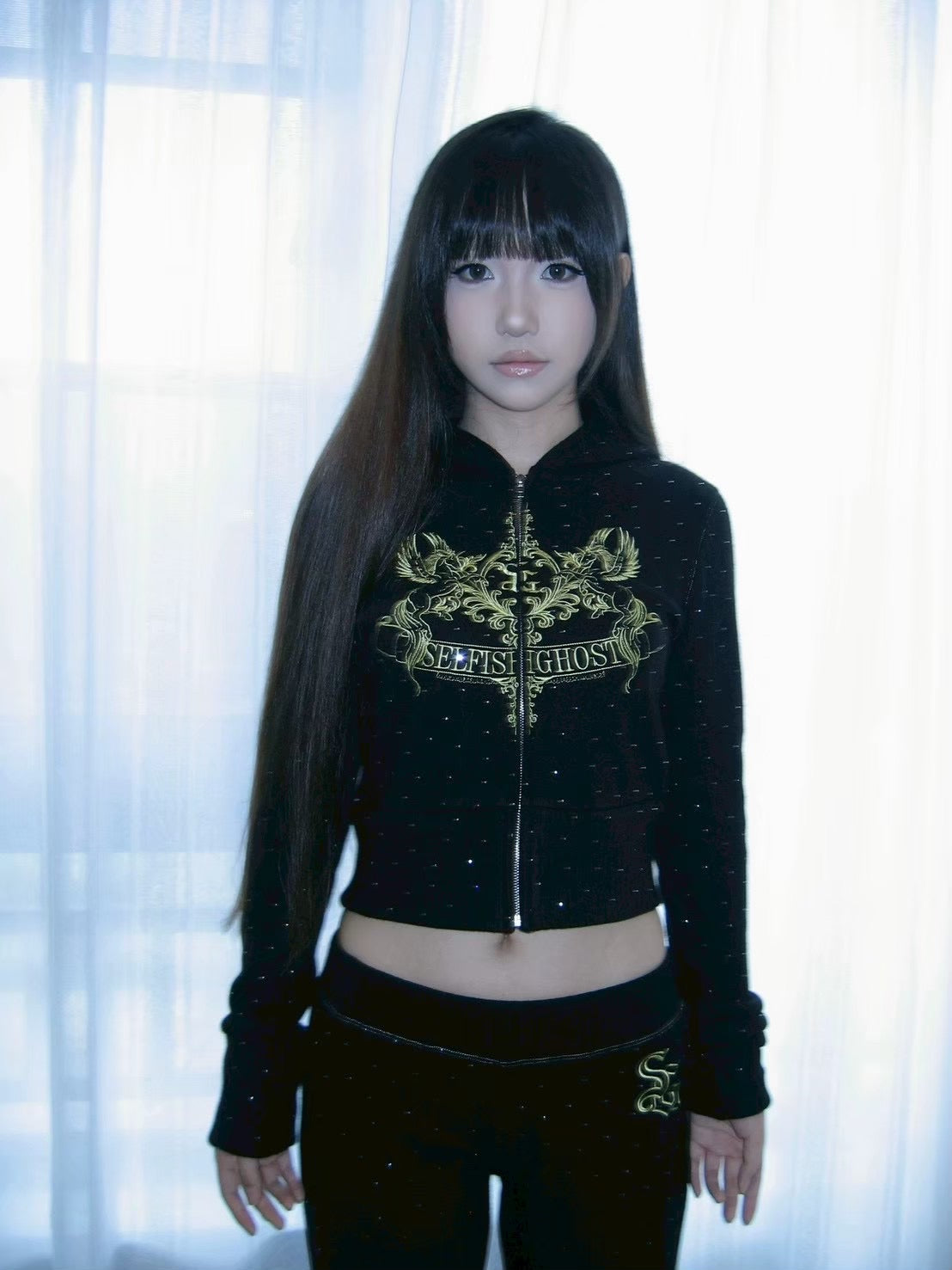 【SelfishGhost】Embroidered knitted silver fox fur-like plush tracksuit zip-up