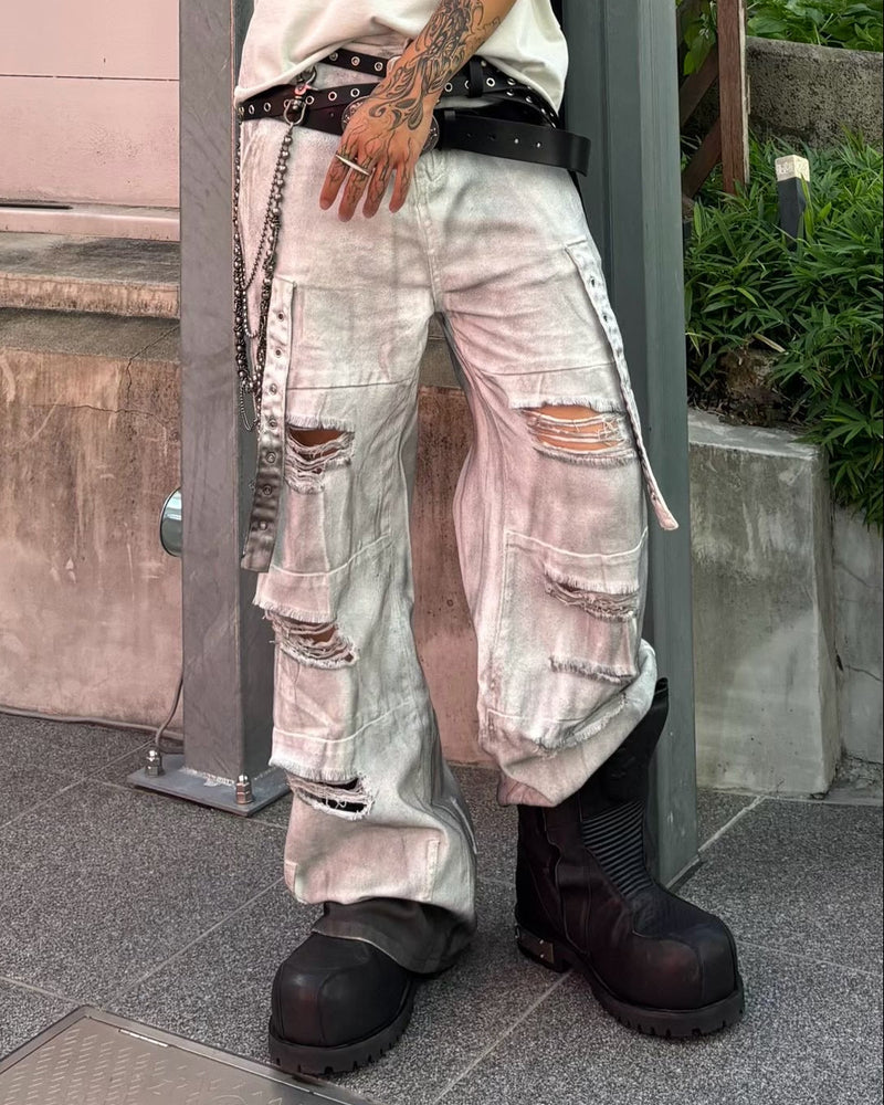 【Never mind the XU】destroyed damage strap denim pants