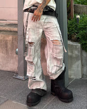 【Never mind the XU】destroyed damage strap denim pants