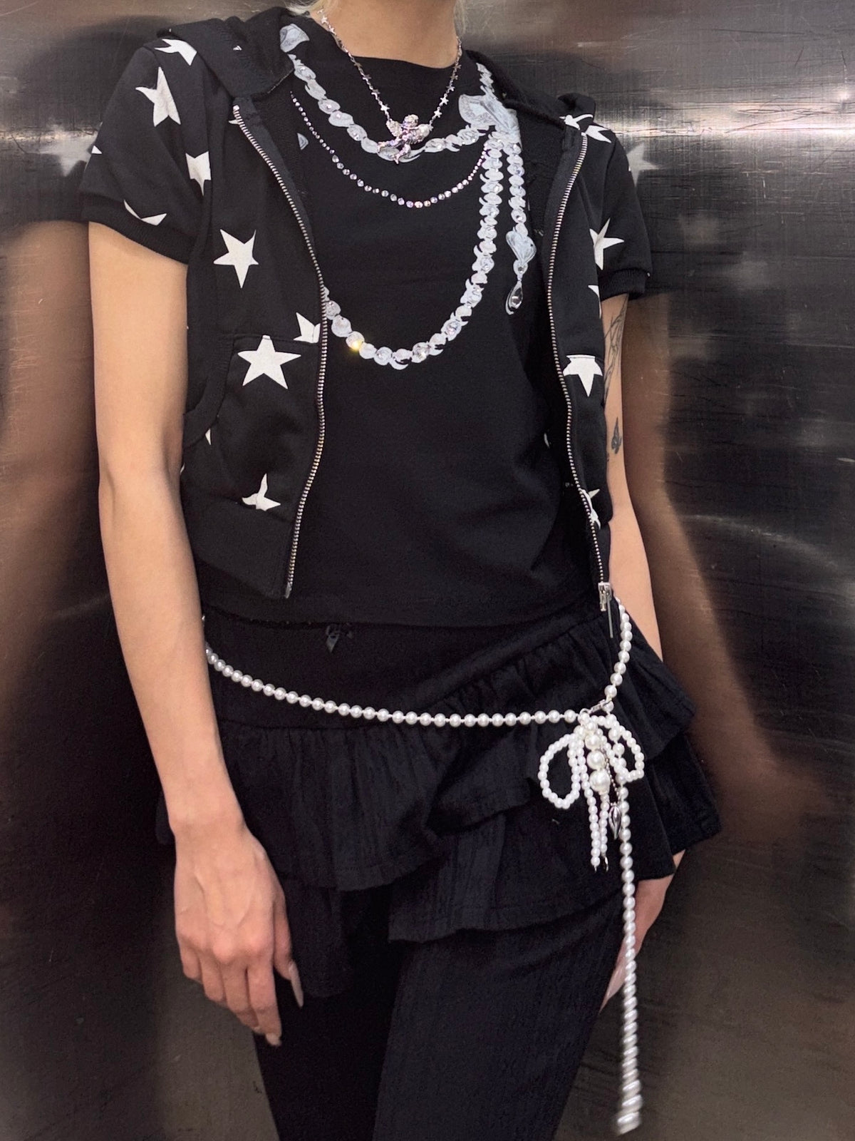 国際配送【Never mind the XU】star short sleeve zip-up hoodie