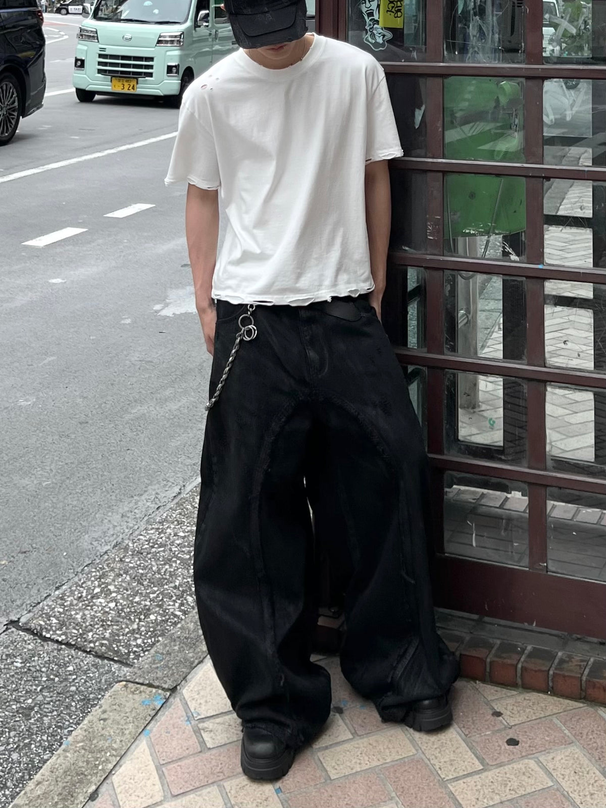 大阪店WEB限定受注制【Chikashitsu +】grunge damage crop t-shirt (3color)