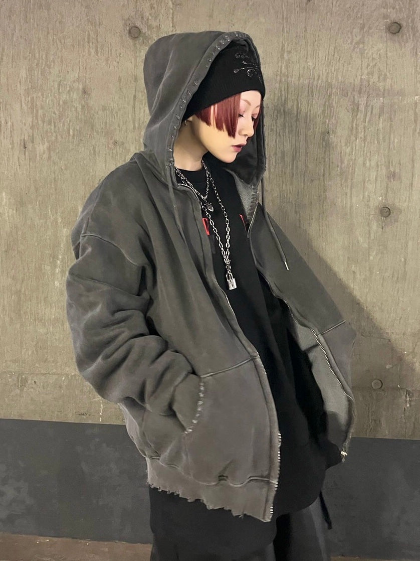 受注制【Never mind the XU】damage zip hoodie (3color)