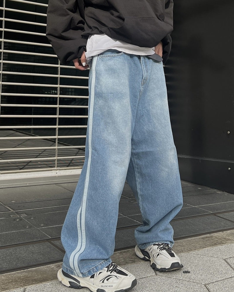 受注制【Chikashitsu +】oversized side line denim pants (2color)