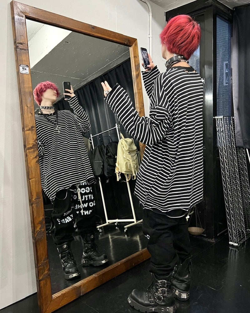 受注制【Never mind the XU】stripe damage long sleeve tee / 【ネバーマインドザエックスユー】ストライプダメージ長袖Ｔシャツ