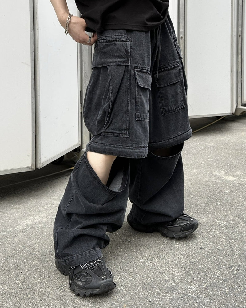 受注制【Chikashitsu +】2way heavy pocket denim cargo pants (2color)