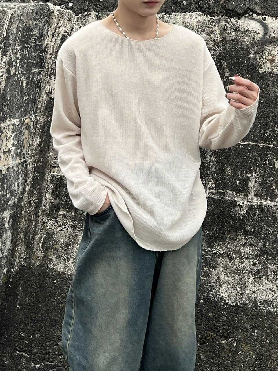受注制【Chikashitsu +】see-through long sleeve knit (2color) / 【チカシツプラス】シースルー長袖ニット