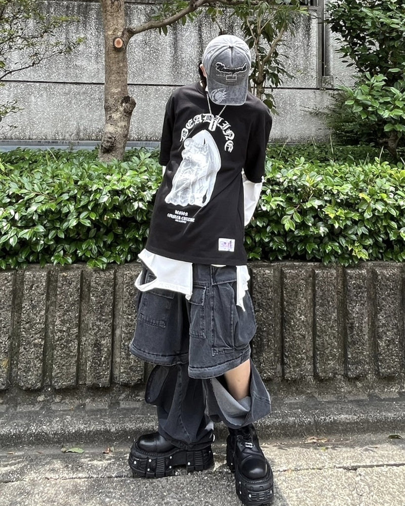 受注制【Never mind the XU】2way denim wide cargo pants (2color)