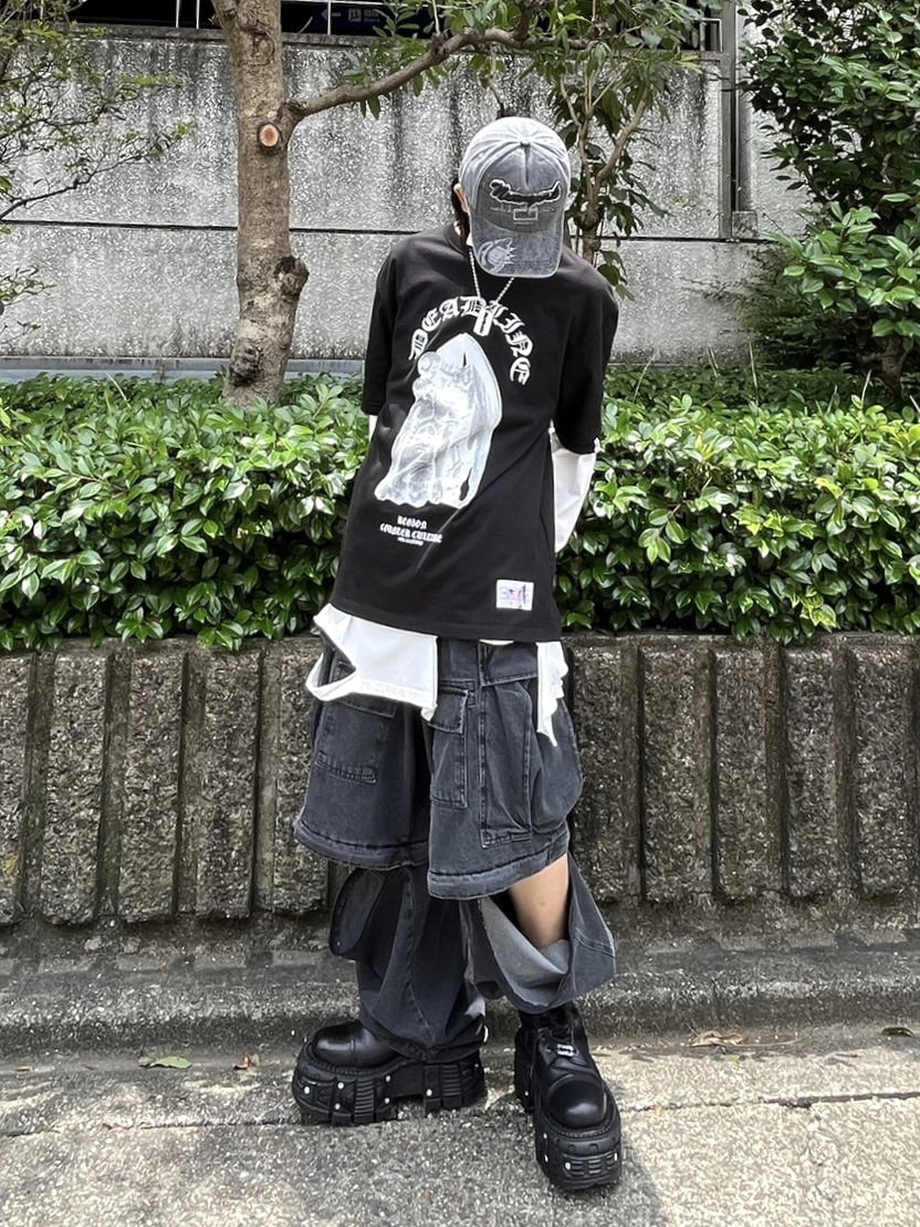受注制【Never mind the XU】2way denim wide cargo pants (2color)