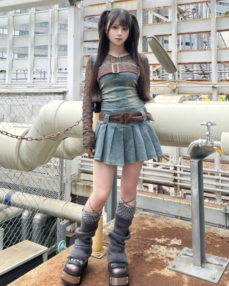 【Never mind the XU】2 belt denim one piece