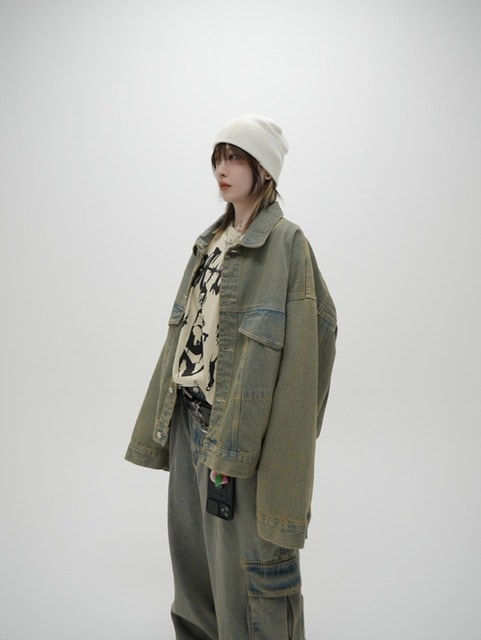 受注制【Never mind the XU】set up washed denim jacket (2color)