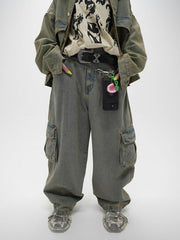 受注制【Never mind the XU】set up washed denim cargo pants (2color)