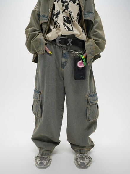 受注制【Never mind the XU】set up washed denim cargo pants (2color)