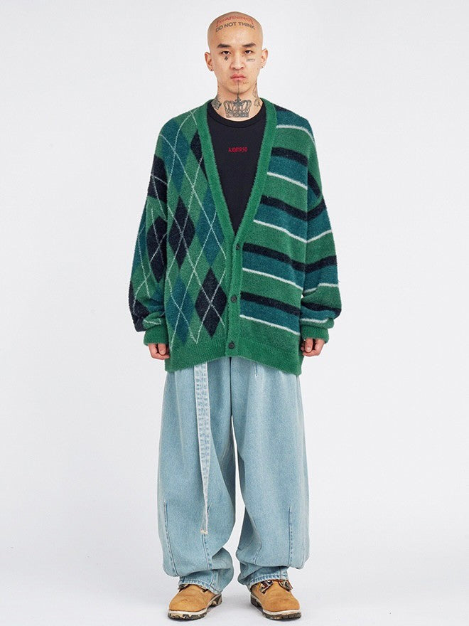 【AJOBYAJO】Argyle Stripe Mixed Cardigan / 【アジョバイアジョ】アーガイルストライプボーダーミックス長袖カーディガン