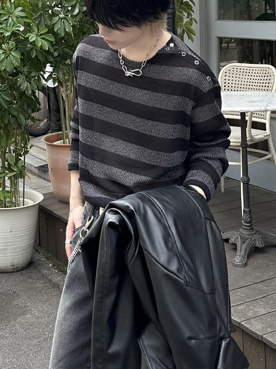 大阪店WEB限定受注制【Chikashitsu +】shoulder snap border knit (2color)