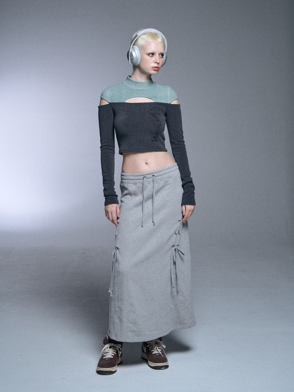 【SETUP‐EXE】TWO-TONE SLEEVE SLIT CROP TOP