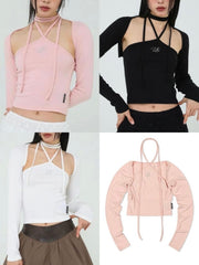 【Uglyshadow】BEADS TIE CARDIGAN SET / 【アグリーシャドウ】ビーズネクタイセット長袖カーディガン