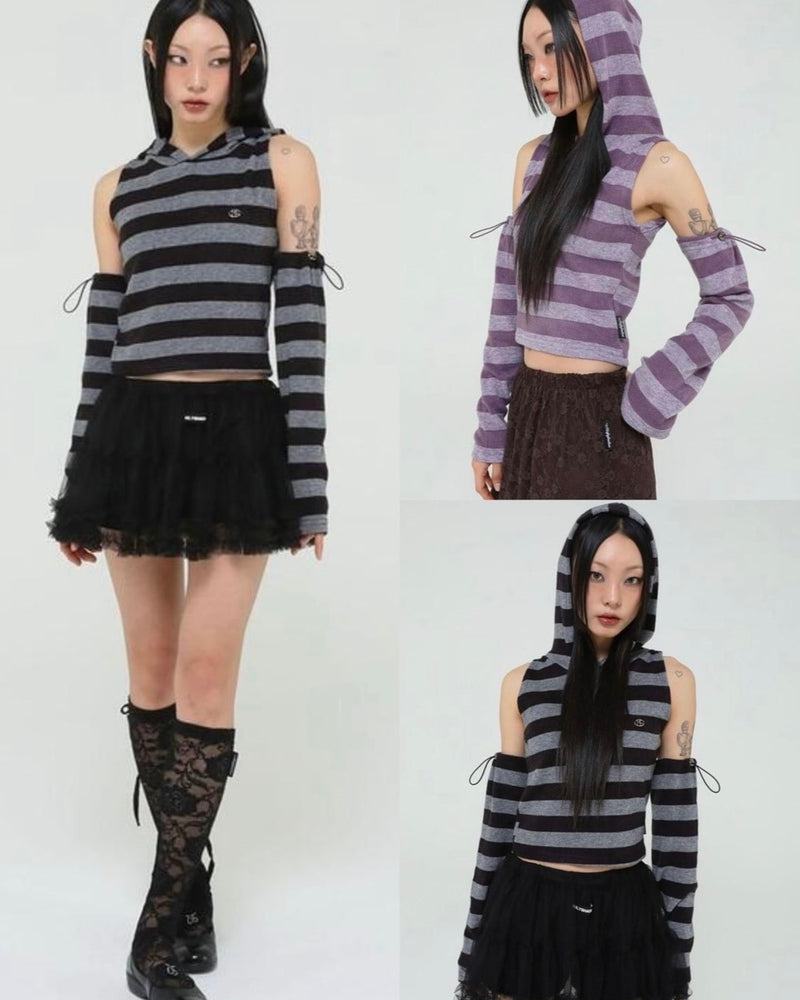 【Uglyshadow】STRIPED HOODED KNIT VEST WARMER SET