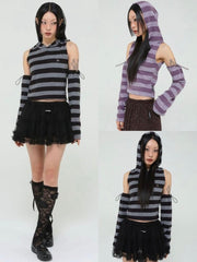 【Uglyshadow】STRIPED HOODED KNIT VEST WARMER SET