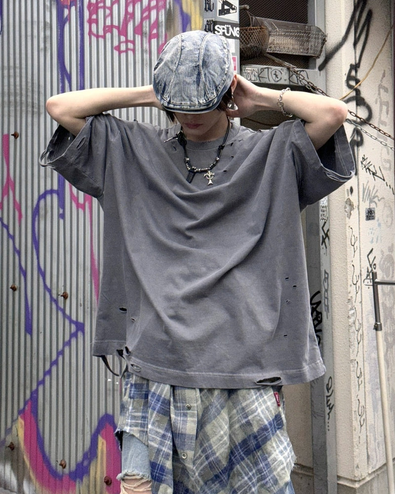 受注制【Never mind the XU】damage oversized tee (2color)