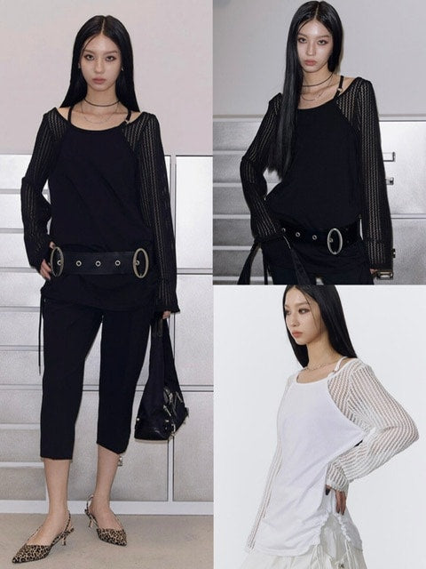 【NOT KNOWING】Net Sleeve Neck Strap O-Ring Top
