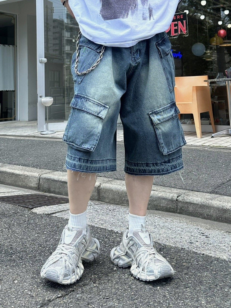 大阪店WEB限定受注制【Chikashitsu +】multi pocket denim half pants (2color)