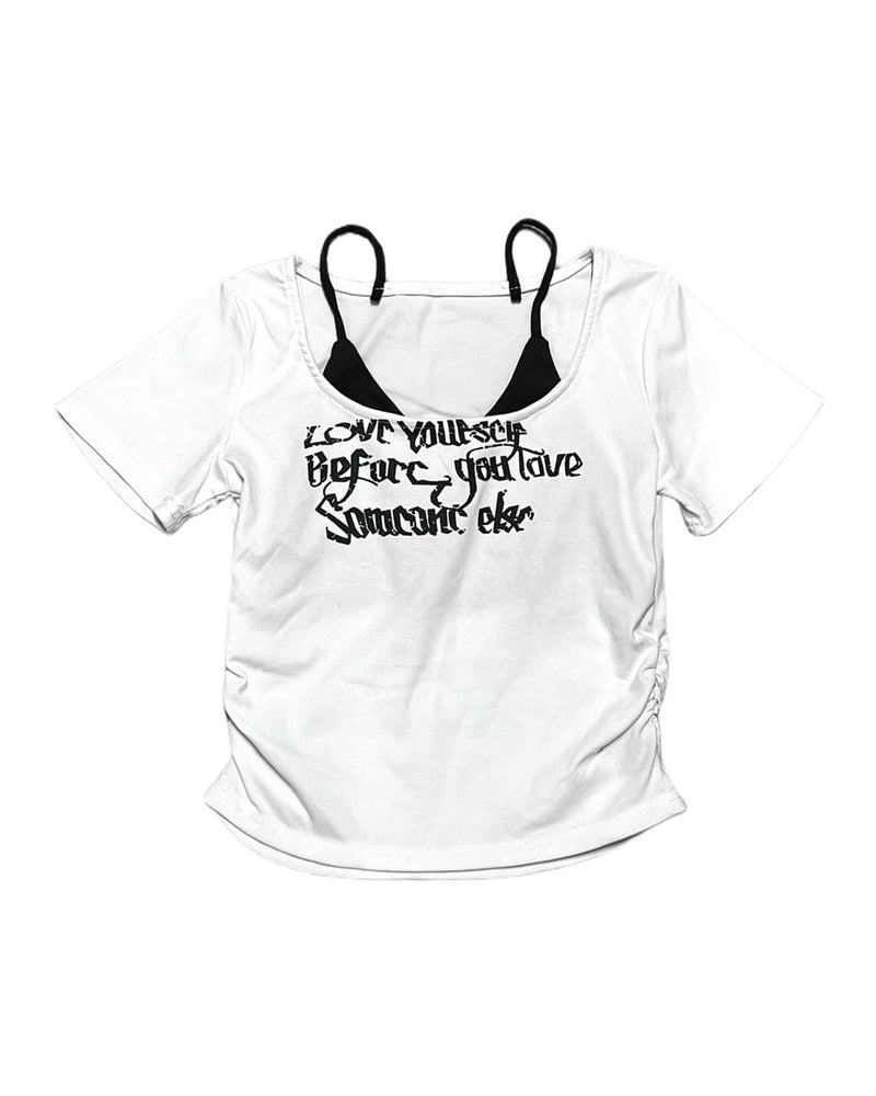 受注制【Never mind the XU】lettrering layered cropped tee (3color) / 【ネバーマインドザエックスユー】レタリングレイヤードクロップドロゴプリント半袖Tシャツ