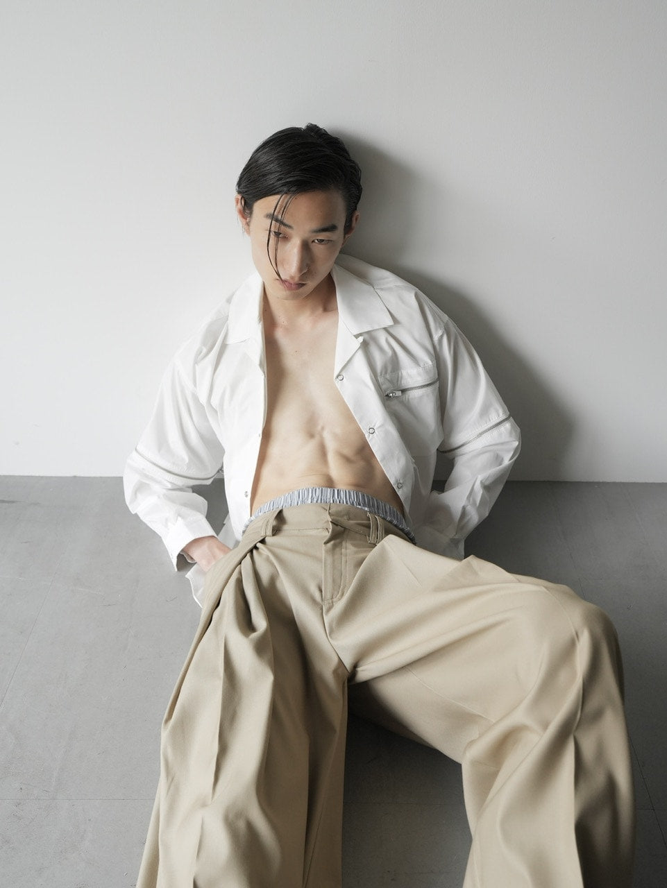 【CS】2way zip square cut shirt (white) / 【シーエス】2ウェイジップスクエアカット長袖シャツ