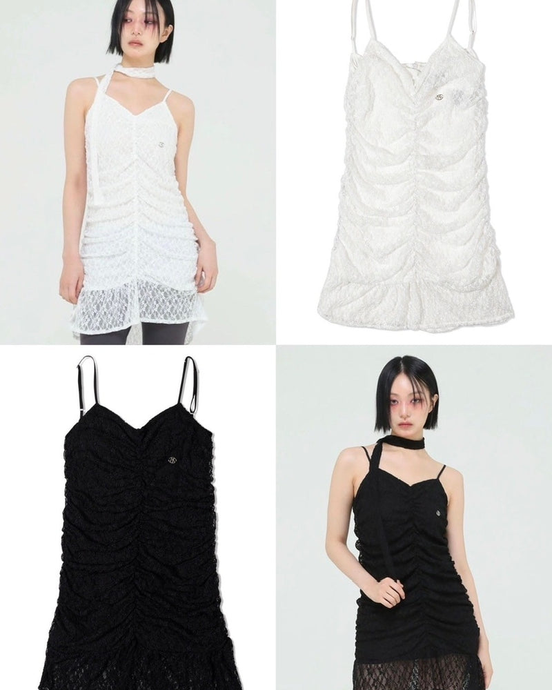 【Uglyshadow】TIE SHIRRING LACE DRESS