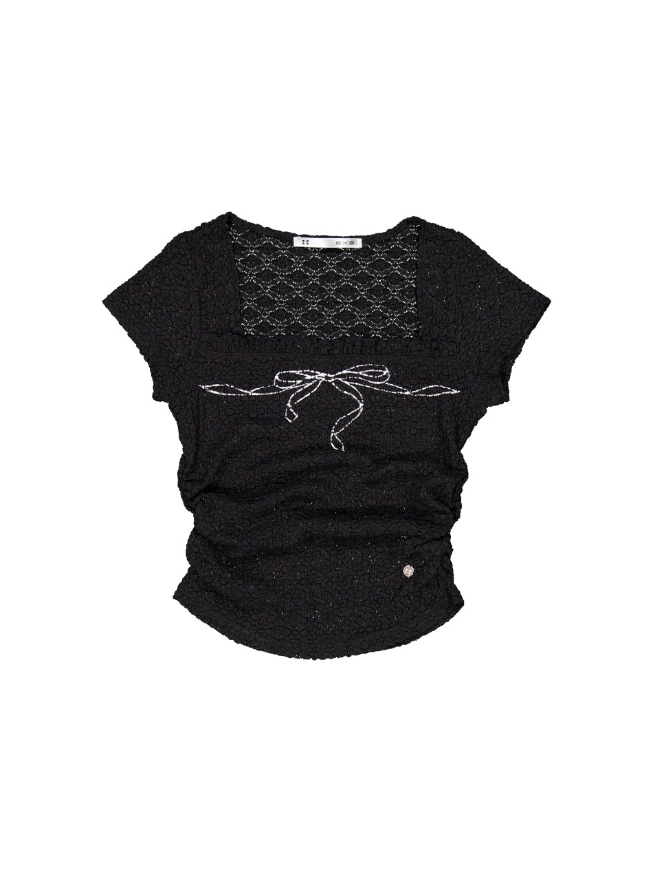 【SETUP‐EXE】FRILL BOW CROP TOP / 【セットアップエグゼ】フリルクロップリボンロゴプリント半袖Tシャツ