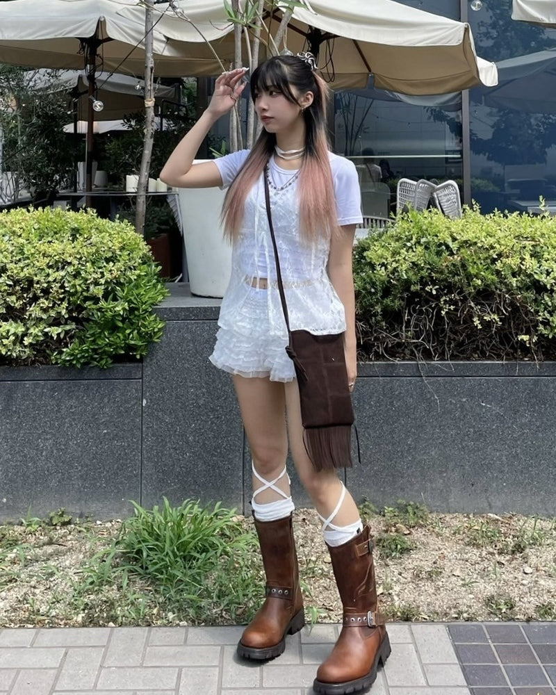 受注制【Never mind the XU】tie scarf lace tops (2color)