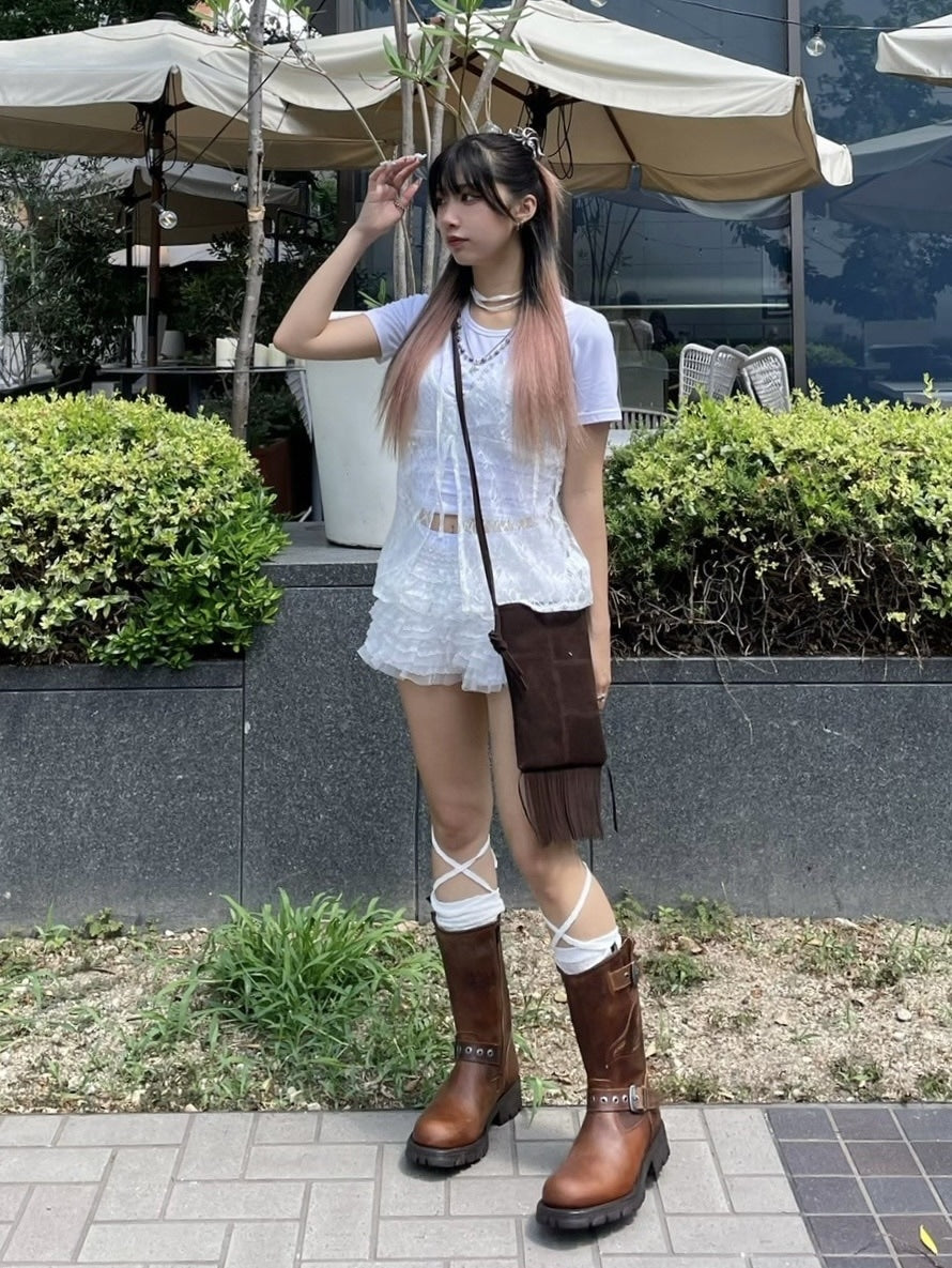 受注制【Never mind the XU】tie scarf lace tops (2color)