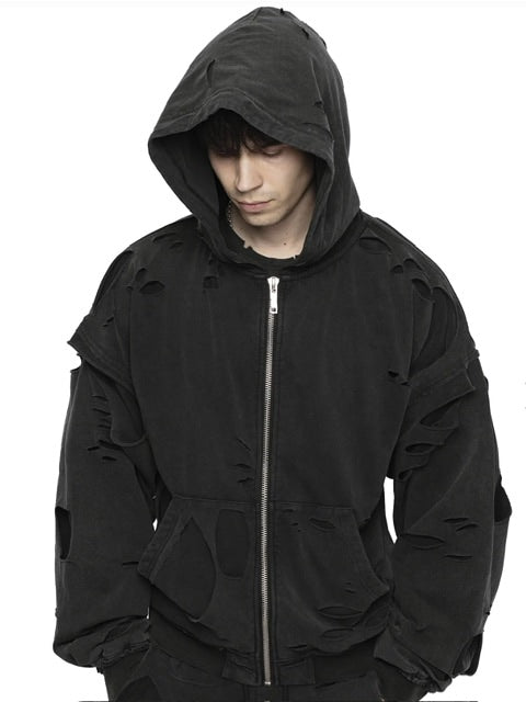 【RACER WORLDWIDE】Distressed 2 Layer Hoodie / 【レーサーワールドワイド】ツーレイヤーダメージジップアップ長袖パーカー