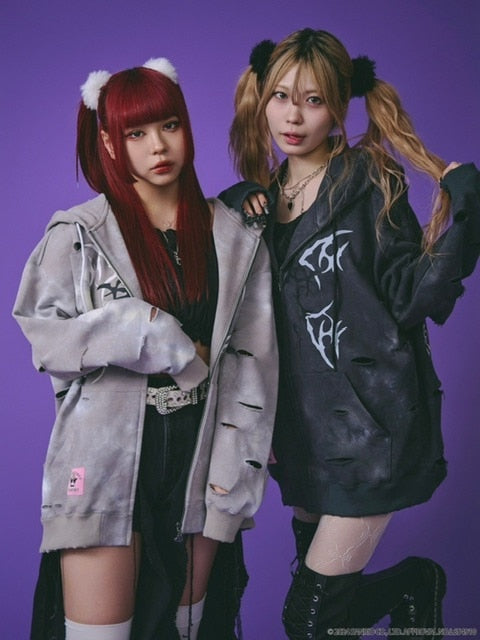 【GALFY×KUROMI】イルガルフィームラ染めZIPパーカー / 【ガルフィー×クロミ】ロゴ長袖ジップアップパーカー