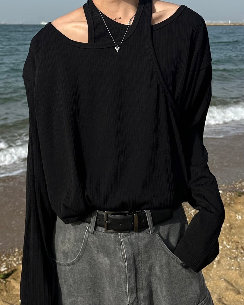 国際配送【LUV CODE】layered neck long sleeve top (2color)