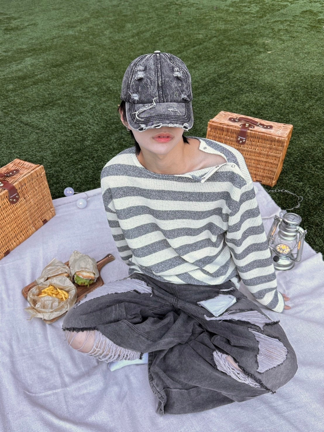 受注制【LUV CODE】snap button stripe knit (2color)