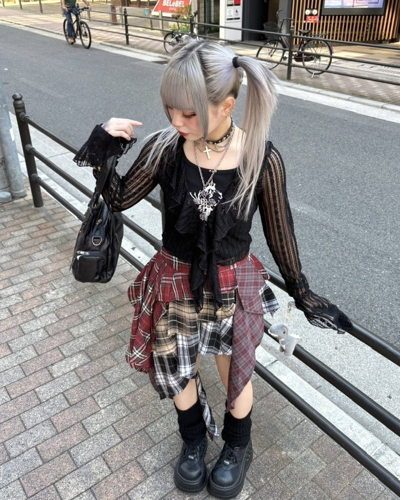 受注制【Never mind the XU】asymmetry check skirt / 【エックスユー ドッグ】アシンメトリーレイヤードチェックミニスカート