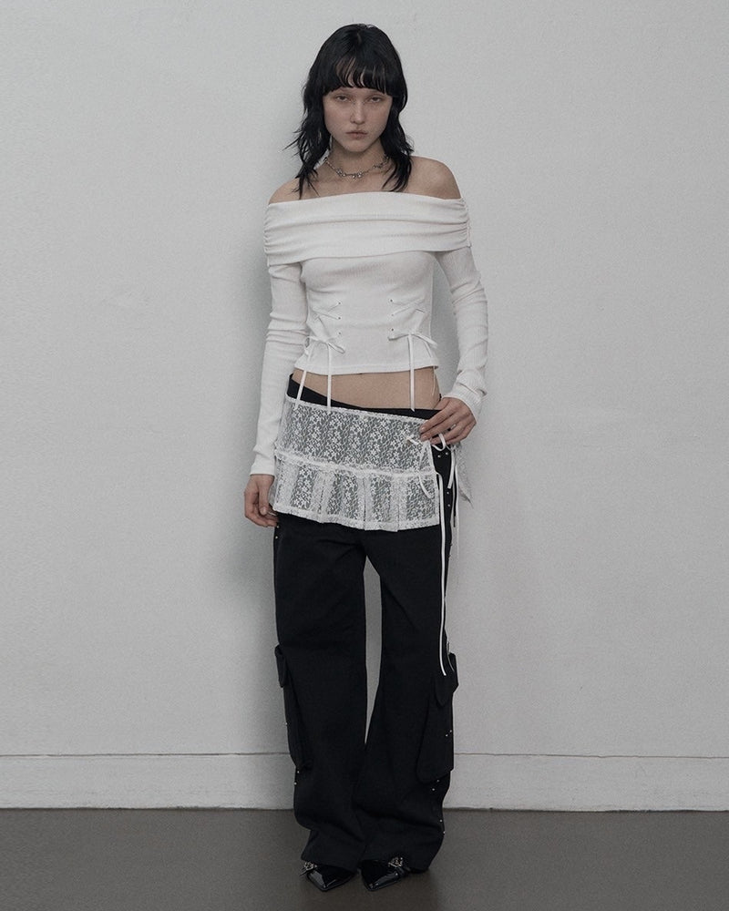 【SETUP-EXE】CORSET OFF-SHOULDER TOP / 【セットアップエグゼ】コルセットリボンオフショルダー長袖Tシャツ