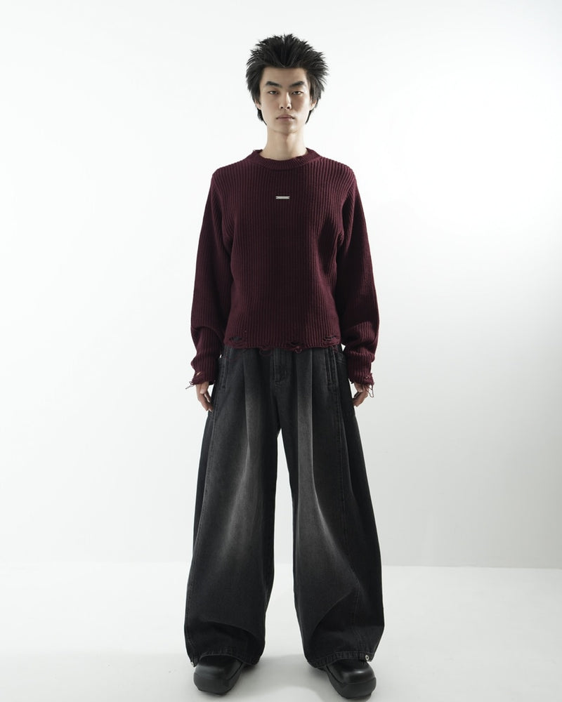 【CS】mock neck damage knit (red)