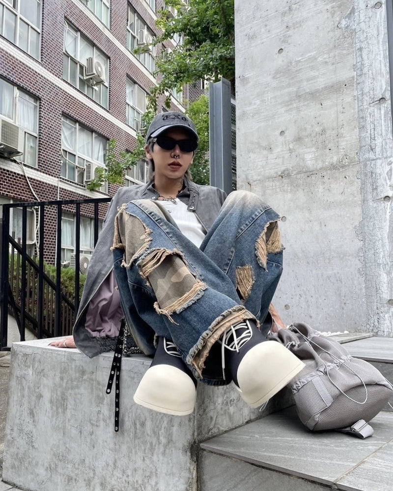 受注制【Never mind the XU】camouflage side damage denim pants (2color) / 【ネバーマインドザエックスユー】カモフラージュサイドダメージワイドデニムパンツ